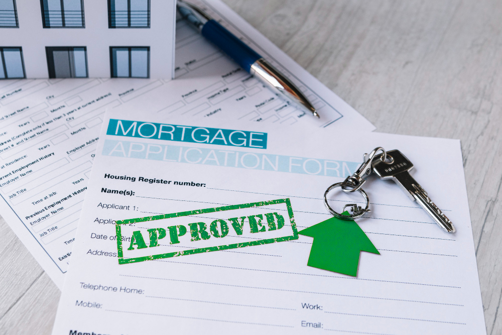 Bank executive handing home loan documents to happy couple in India